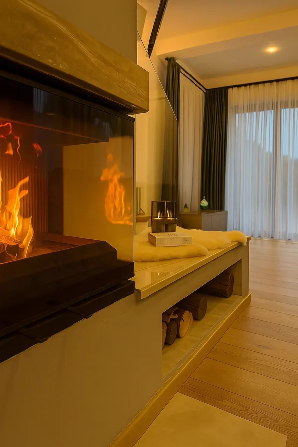 Lit fireplace with upholstered bench and stacked firewood
